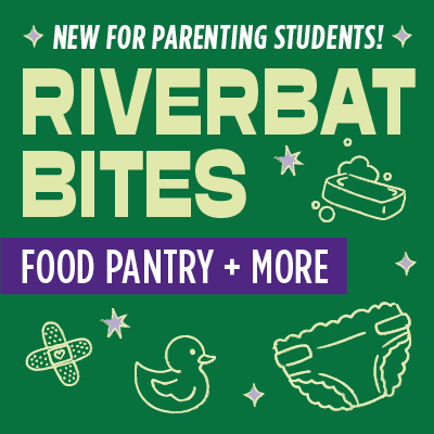 奥斯汀社区学院b|奥斯汀社区学院区 image for Riverbat Bites Food pantry on a green background with the words new for parenting students