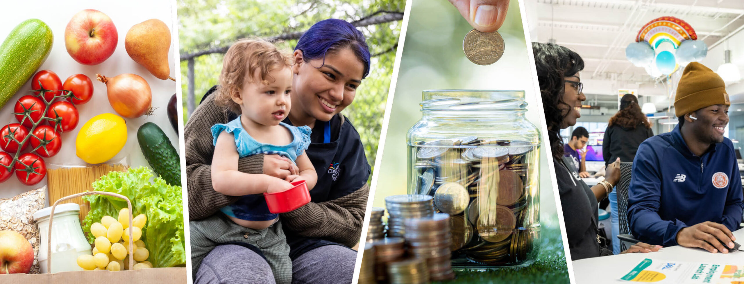 学生支持|奥斯汀社区学院区 A dynamic collage showcasing a variety of people engaged in delightful culinary experiences with an assortment of foods, a woman caring for a child, and a a person saving coins in a jar.